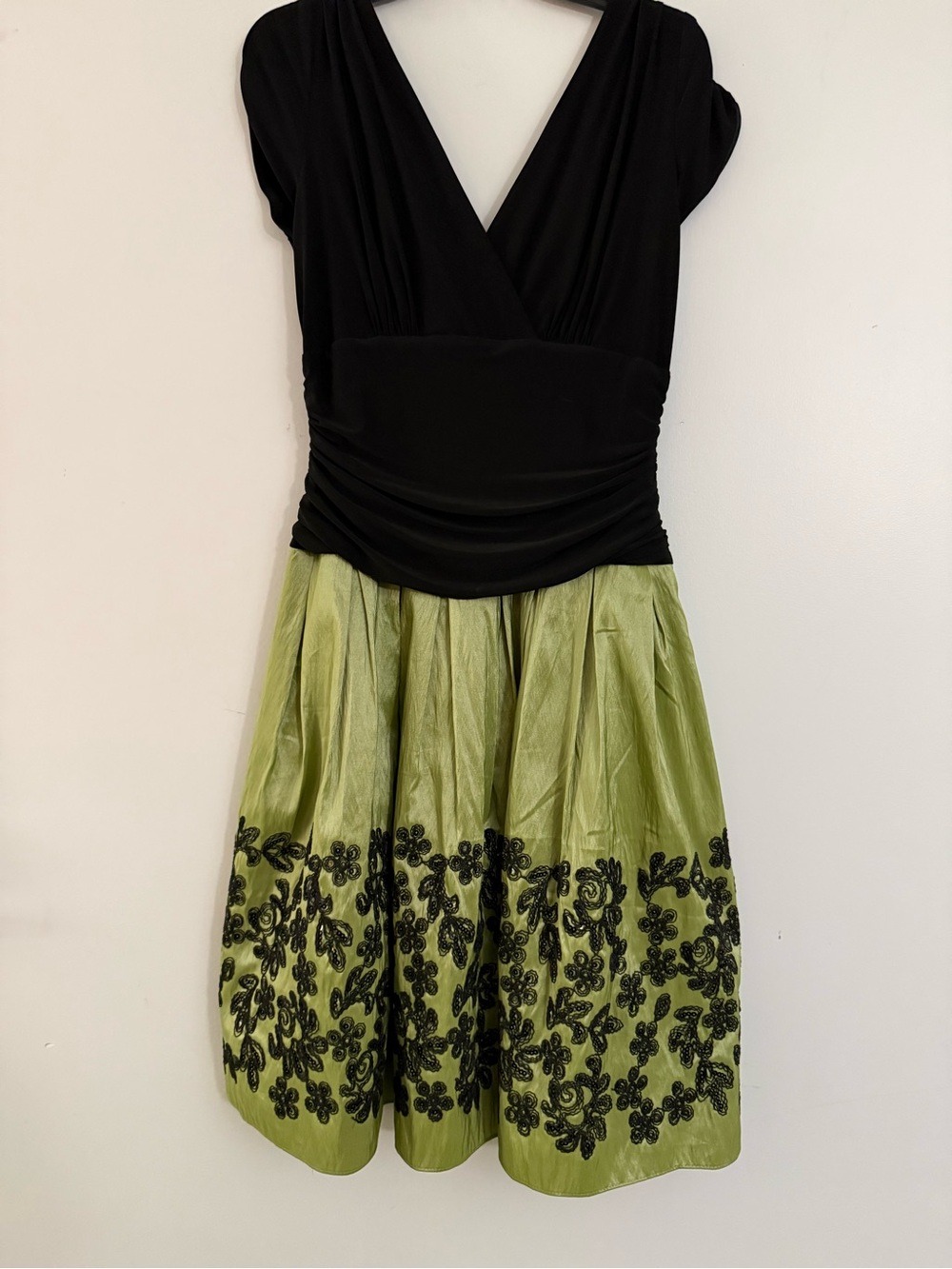 SLNY Black and Lime Green Fit-and-Flare Embroidered Midi Dress
